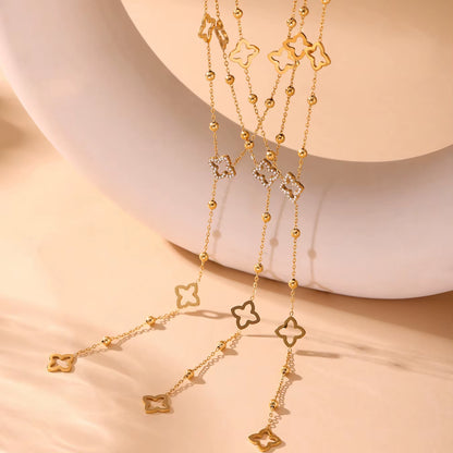 Liora Exquisite Zircon Luck Clover Long Chain Stainless Steel Necklaces for Women Metal Female Collar Wedding Banquet Jewelry