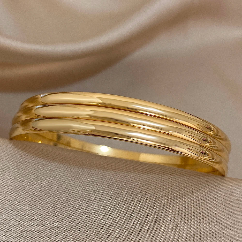 3Pcs Glossy 18K Gold Plated Stainless Steel Bangle Bracelet for Women Minimalist Basic Wristband Bangles Waterproof Jewelry