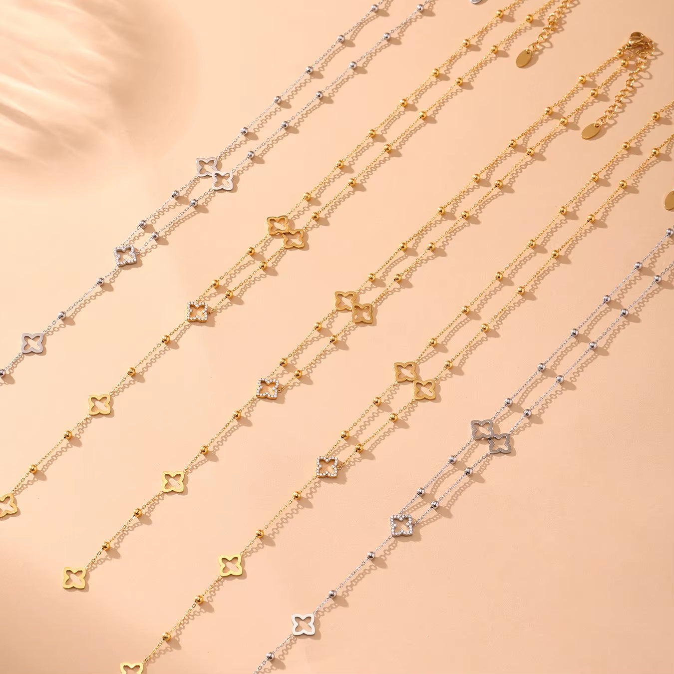 Liora Exquisite Zircon Luck Clover Long Chain Stainless Steel Necklaces for Women Metal Female Collar Wedding Banquet Jewelry