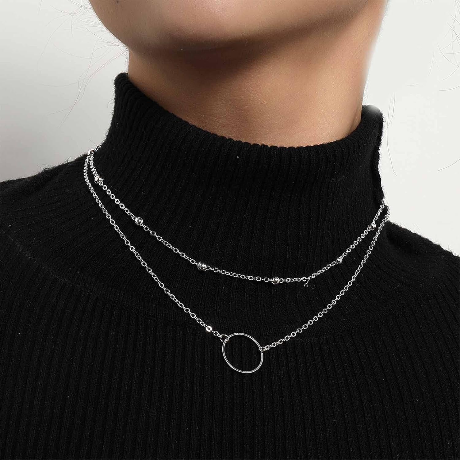 Boho Collier Tour De Cou Cercle Superposé Argent Minuscules Perles Collier Tour De Cou Disque Creux Pendentif Collier Cerceau Superposé Collier Charme Collier Déclaration Bijoux Pour Femmes
