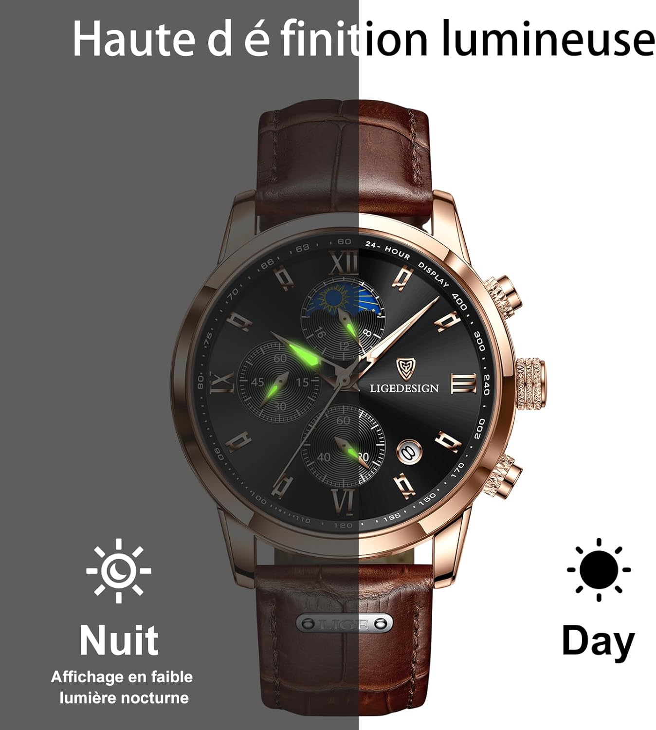 Montre Homme, Chronographe Quartz Analogique, Cadran Chronographe Jour-Lune, Bracelet En Cuir, Aiguilles Luminescentes, Affichage De La Date, Montre Homme Etanche 3ATM, Outdoor Décontracté