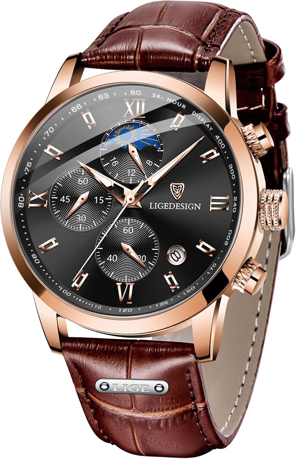 Montre Homme, Chronographe Quartz Analogique, Cadran Chronographe Jour-Lune, Bracelet En Cuir, Aiguilles Luminescentes, Affichage De La Date, Montre Homme Etanche 3ATM, Outdoor Décontracté