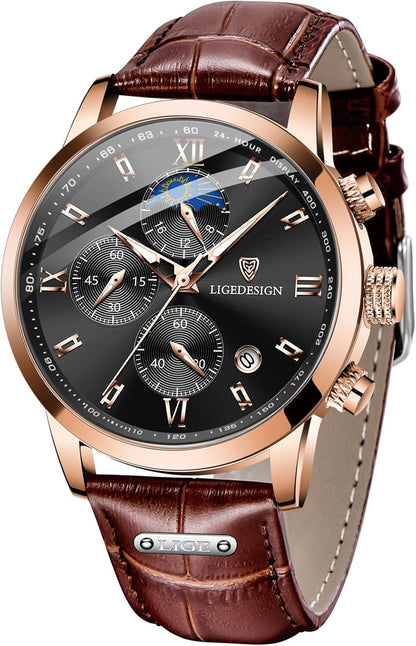 Montre Homme, Chronographe Quartz Analogique, Cadran Chronographe Jour-Lune, Bracelet En Cuir, Aiguilles Luminescentes, Affichage De La Date, Montre Homme Etanche 3ATM, Outdoor Décontracté