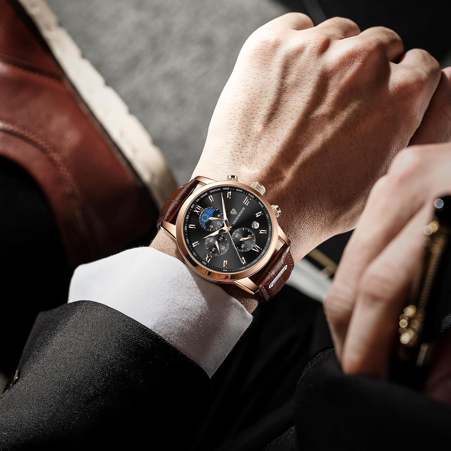 Montre Homme, Chronographe Quartz Analogique, Cadran Chronographe Jour-Lune, Bracelet En Cuir, Aiguilles Luminescentes, Affichage De La Date, Montre Homme Etanche 3ATM, Outdoor Décontracté