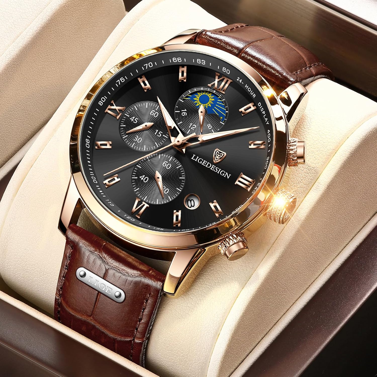 Montre Homme, Chronographe Quartz Analogique, Cadran Chronographe Jour-Lune, Bracelet En Cuir, Aiguilles Luminescentes, Affichage De La Date, Montre Homme Etanche 3ATM, Outdoor Décontracté