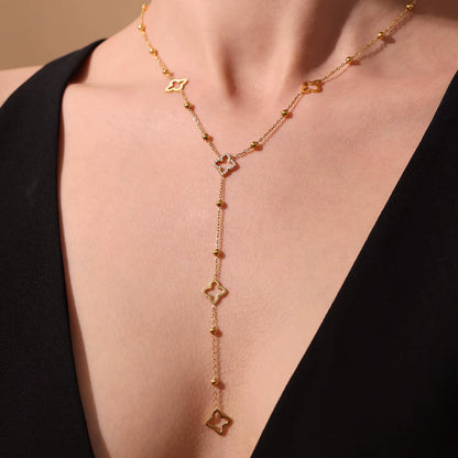 Liora Exquisite Zircon Luck Clover Long Chain Stainless Steel Necklaces for Women Metal Female Collar Wedding Banquet Jewelry