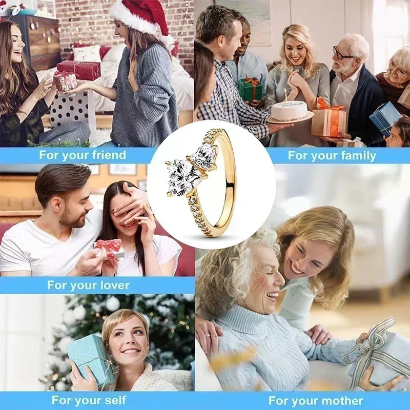 Hot Selling 925 Sterling Silver Exquisite Gold Series Ring, Sparkling Heart-Shaped Crown Ring, Fashionable Charm Jewelry Gift