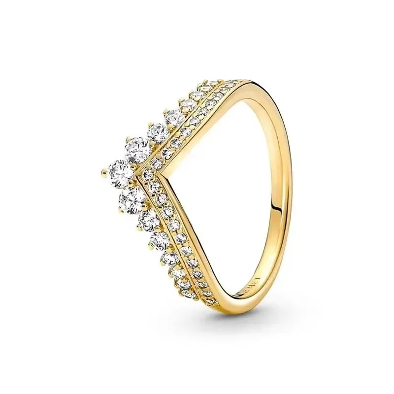 Hot Selling 925 Sterling Silver Exquisite Gold Series Ring, Sparkling Heart-Shaped Crown Ring, Fashionable Charm Jewelry Gift