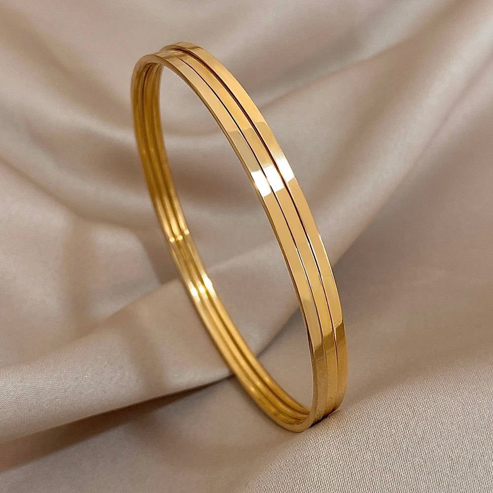 3Pcs Glossy 18K Gold Plated Stainless Steel Bangle Bracelet for Women Minimalist Basic Wristband Bangles Waterproof Jewelry