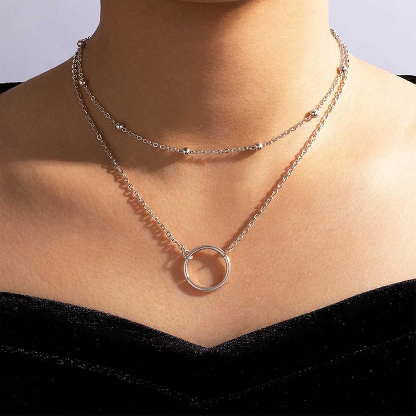 Boho Collier Tour De Cou Cercle Superposé Argent Minuscules Perles Collier Tour De Cou Disque Creux Pendentif Collier Cerceau Superposé Collier Charme Collier Déclaration Bijoux Pour Femmes
