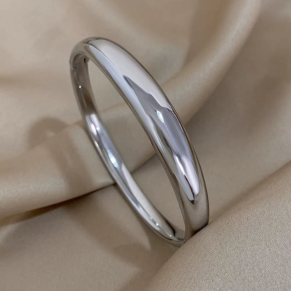 Glossy Solid Color Thick Bracelet Stainless Steel Bangle for Women Cuff Wirstband Smooth Waterproof Charm Bracelets Jewelry Gift