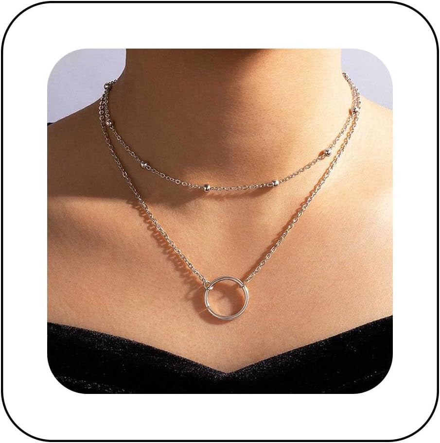 Boho Collier Tour De Cou Cercle Superposé Argent Minuscules Perles Collier Tour De Cou Disque Creux Pendentif Collier Cerceau Superposé Collier Charme Collier Déclaration Bijoux Pour Femmes