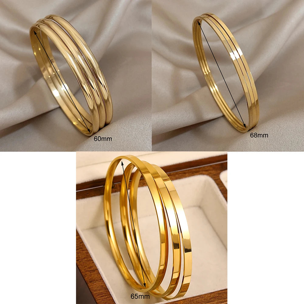 3Pcs Glossy 18K Gold Plated Stainless Steel Bangle Bracelet for Women Minimalist Basic Wristband Bangles Waterproof Jewelry