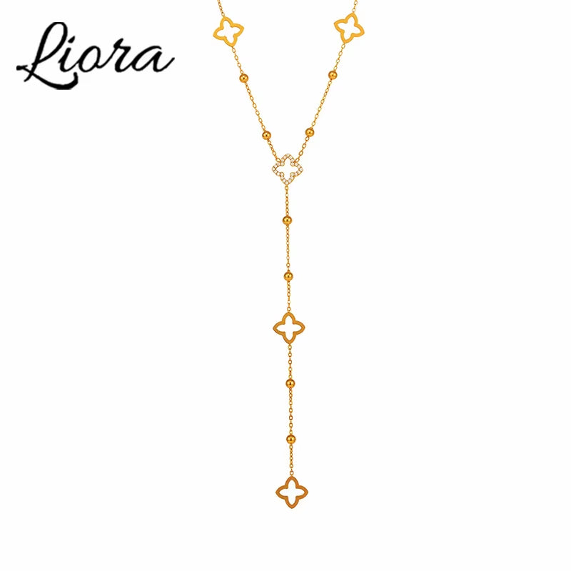 Liora Exquisite Zircon Luck Clover Long Chain Stainless Steel Necklaces for Women Metal Female Collar Wedding Banquet Jewelry