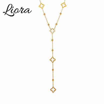 Liora Exquisite Zircon Luck Clover Long Chain Stainless Steel Necklaces for Women Metal Female Collar Wedding Banquet Jewelry