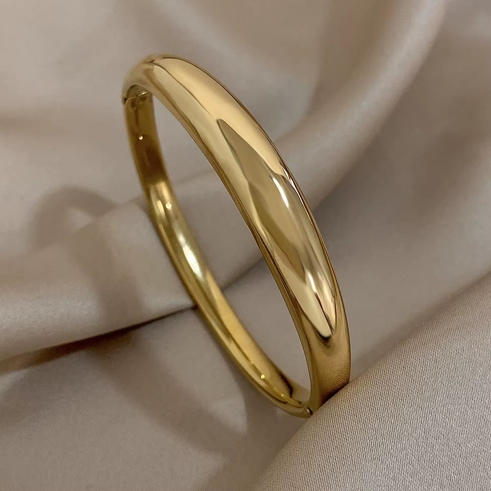 Glossy Solid Color Thick Bracelet Stainless Steel Bangle for Women Cuff Wirstband Smooth Waterproof Charm Bracelets Jewelry Gift